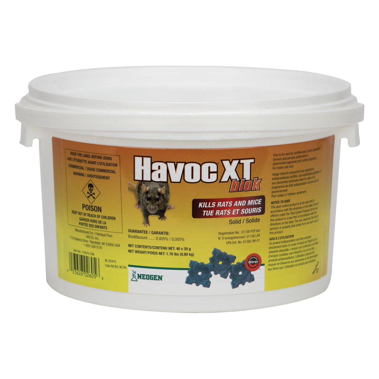 Havoc-Xt Blok Rodent Control Blocks Brodifacoum 0.005% (Pail Of 40X20G) - Pest Control Havoc-Xt - Canada
