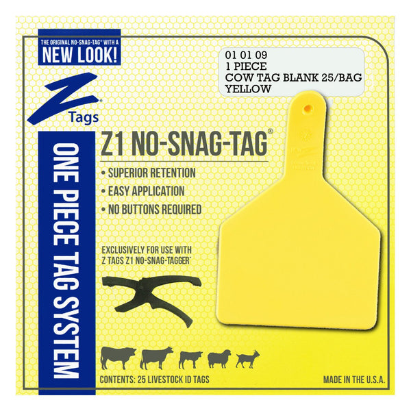 Z Tags 1 Piece Cow Blank (Yellow) 25 Pack - 1 Piece Cow Identification Blank Tag Z Tags - Canada