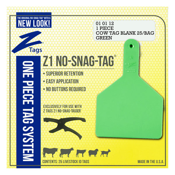 Z Tags 1 Piece Cow Blank (Green) 25 Pack - 1 Piece Cow Identification Blank Tag Z Tags - Canada
