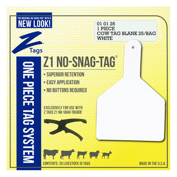 Z Tags 1 Piece Cow Blank (White) 25 Pack - 1 Piece Cow Identification Blank Tag Z Tags - Canada