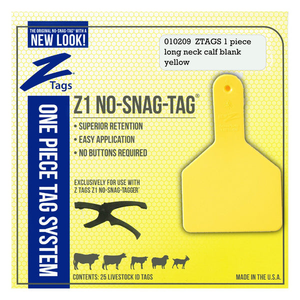 Z Tags 1 Piece Long Neck Calf Blank (Yellow) 25 Pack - 1 Piece Long Neck Calf Blank Tag Z Tags - Canada