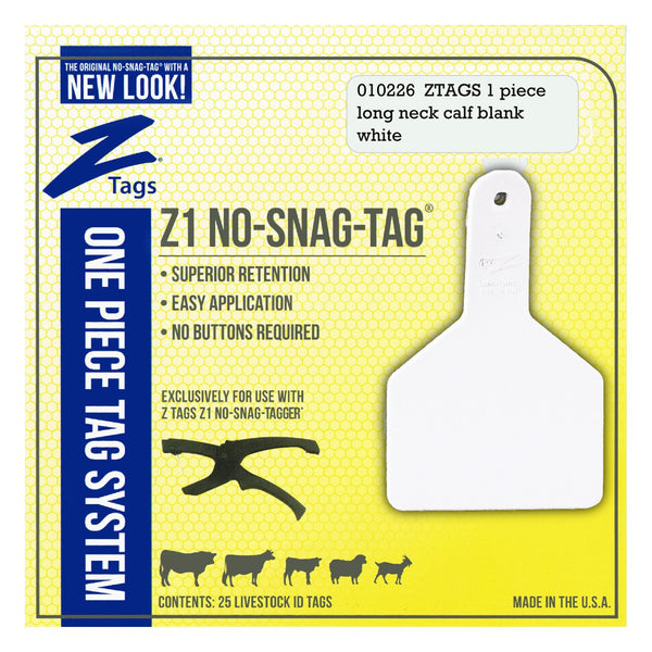 Z Tags 1 Piece Long Neck Calf Blank (White) 25 Pack - 1 Piece Long Neck Calf Blank Tag Z Tags - Canada