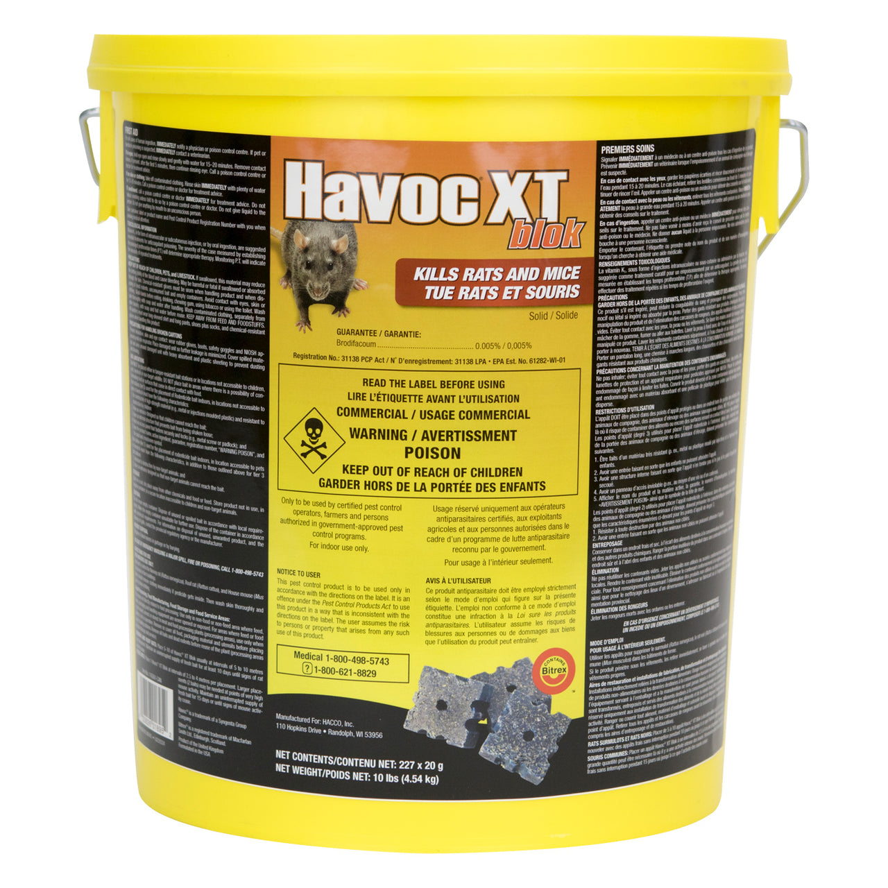 Havoc-Xt Blok Rodent Control Blocks Brodifacoum 0.005% (Pail Of 270X20G) - Pest Control Havoc-Xt - Canada